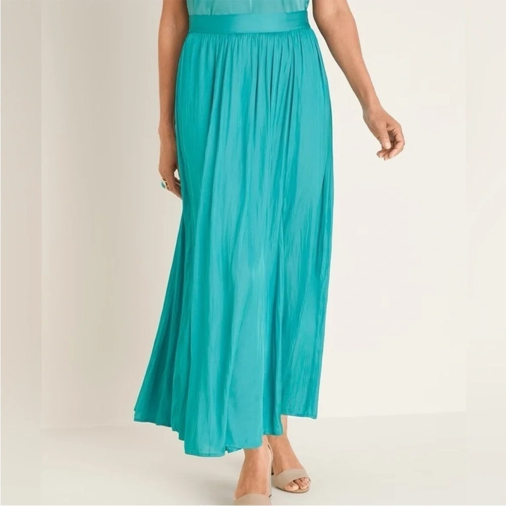 Chico’s Pleated Satin Maxi Skirt Aqua Teal Sz 00